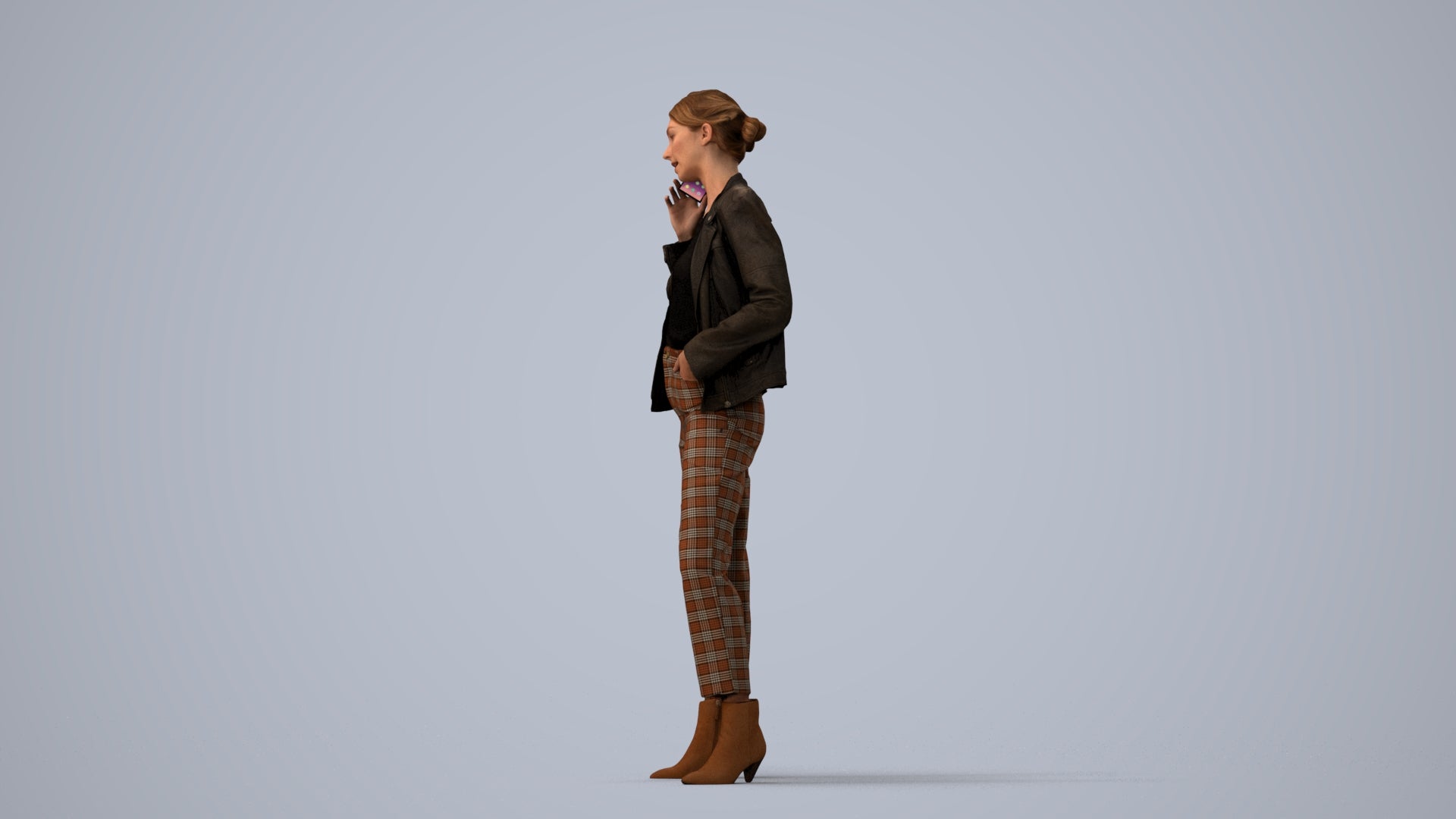 3D scanned woman standing business, photorealistic archviz people for Enscape and SketchUp, three-quarter view render