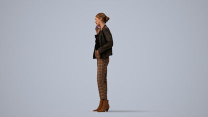 3D scanned woman standing business, photorealistic archviz people for Enscape and SketchUp, three-quarter view render