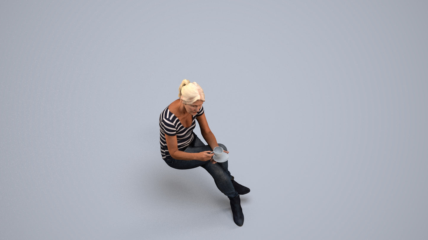 3D scanned senior woman sitting casual, photorealistic archviz people for Enscape and SketchUp, back view render