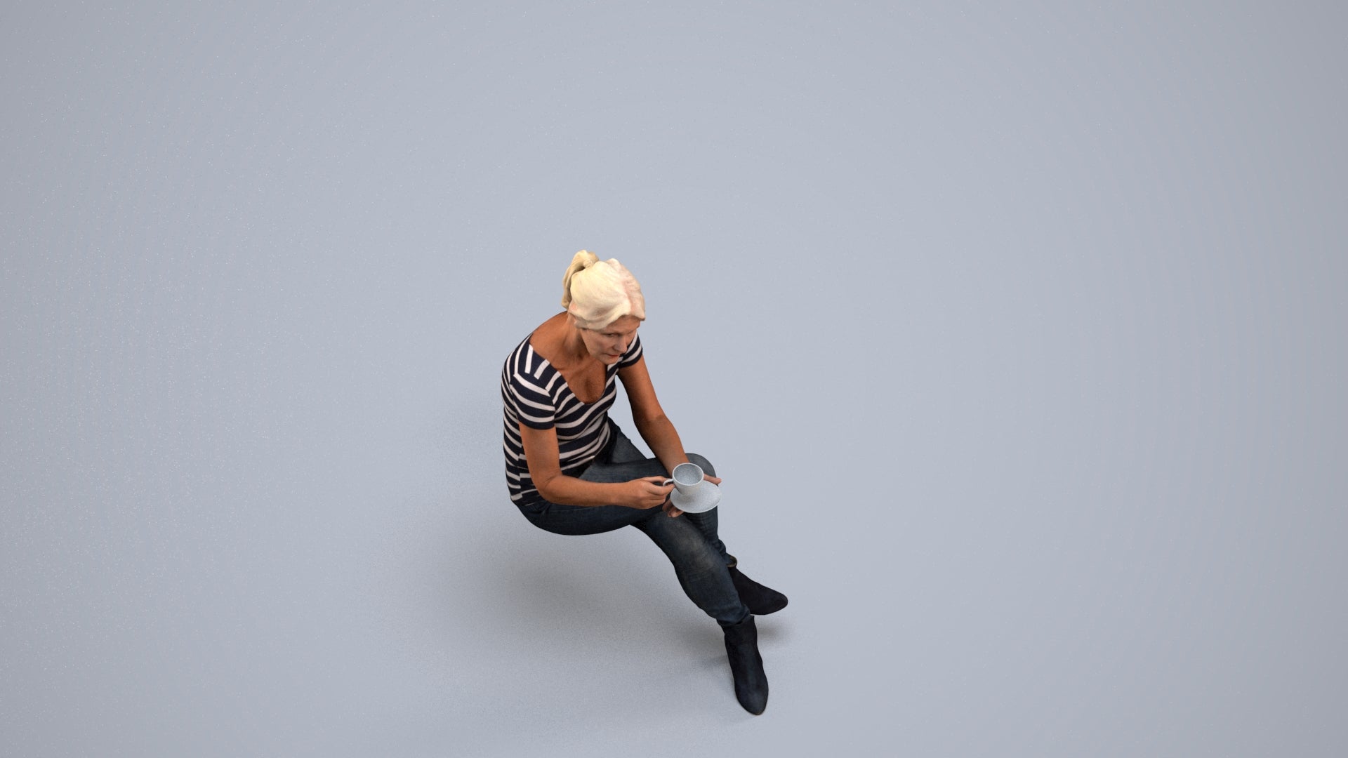 3D scanned senior woman sitting casual, photorealistic archviz people for Enscape and SketchUp, back view render