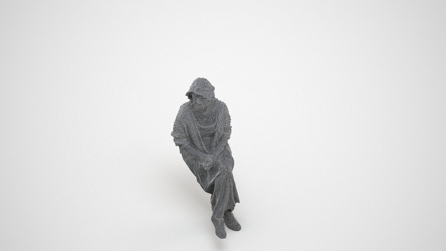 3D people model woman casual sitting, scanned human for 3ds Max rendering, wireframe three-quarter view
