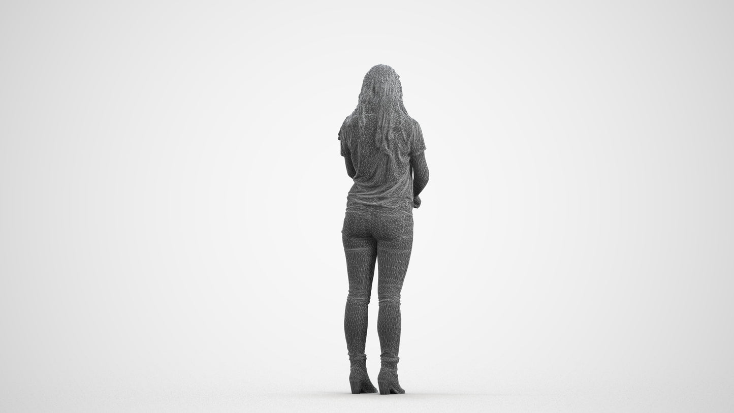 3D human model woman casual standing, photogrammetry scanned person for archviz, wireframe front view