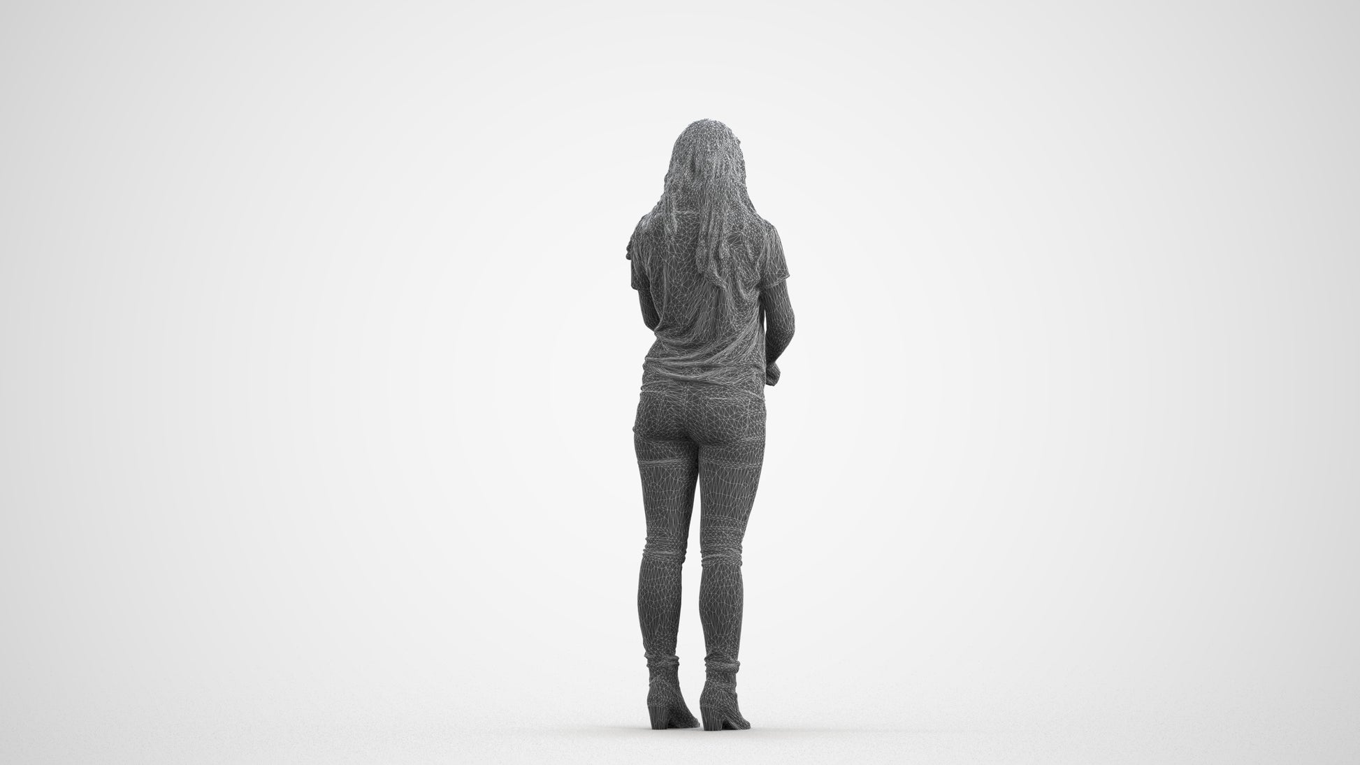 3D human model woman casual standing, photogrammetry scanned person for archviz, wireframe front view