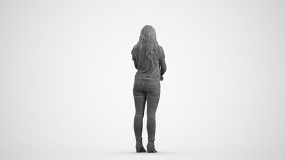 3D human model woman casual standing, photogrammetry scanned person for archviz, wireframe front view