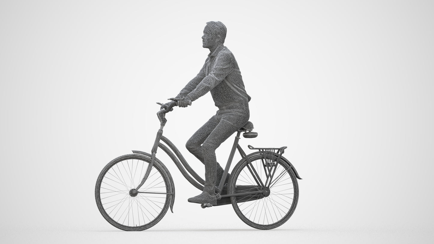 3D scanned man cycling business, photorealistic archviz people for Enscape and SketchUp, wireframe back view