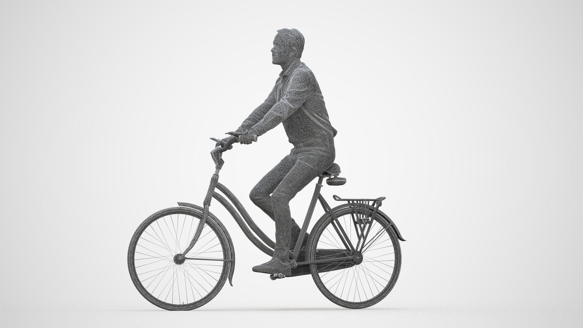 3D scanned man cycling business, photorealistic archviz people for Enscape and SketchUp, wireframe back view