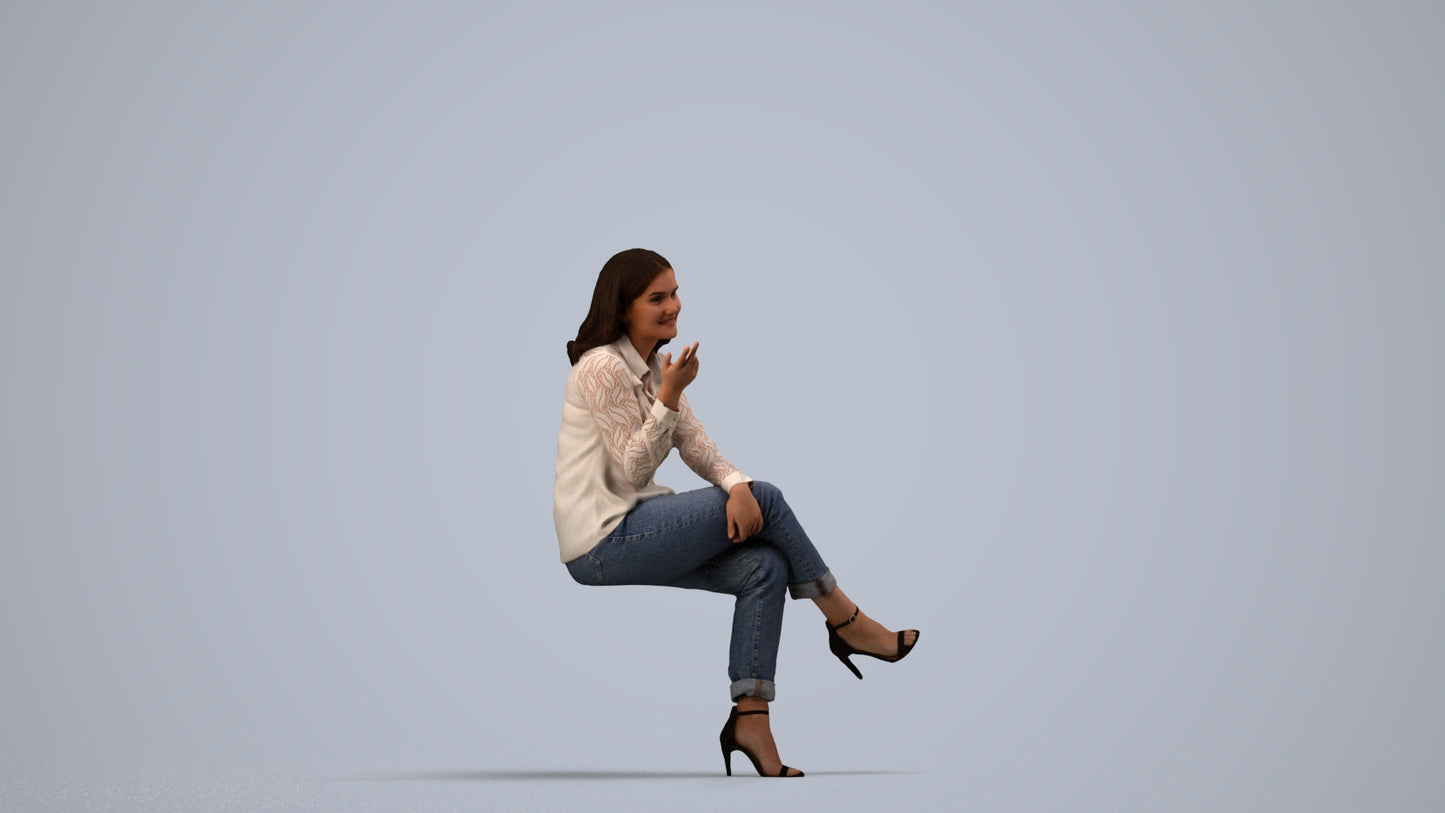 realistic 3D people woman casual sitting, render-ready for V-Ray and Corona, FBX OBJ, side view render