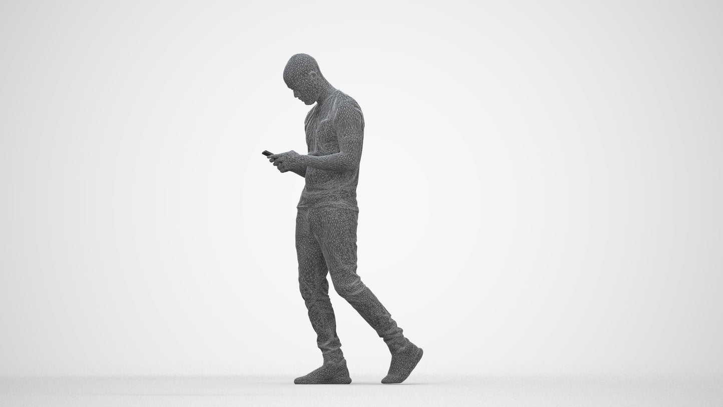3D scanned man walking casual, photorealistic archviz people for Enscape and SketchUp, wireframe back view