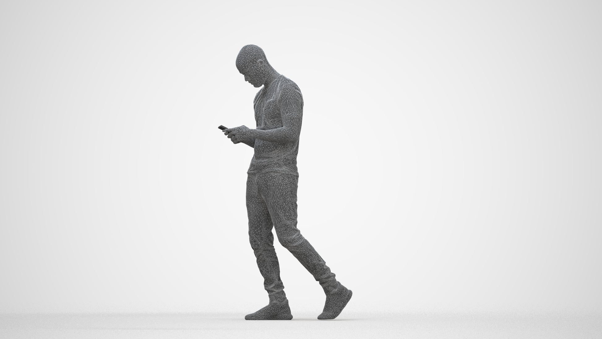 3D scanned man walking casual, photorealistic archviz people for Enscape and SketchUp, wireframe back view