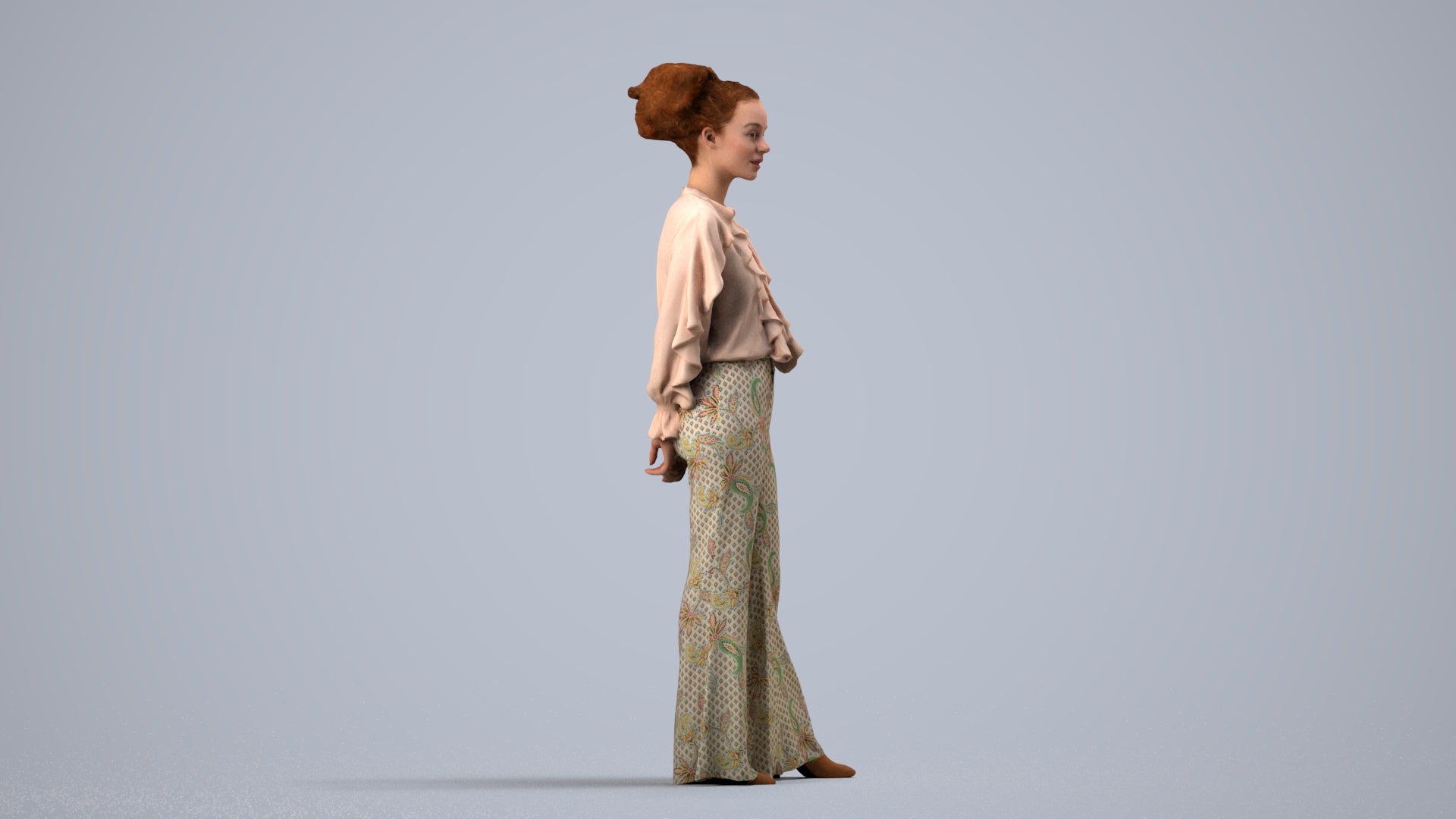 3D scanned woman standing casual, photorealistic archviz people for Enscape and SketchUp, side view render