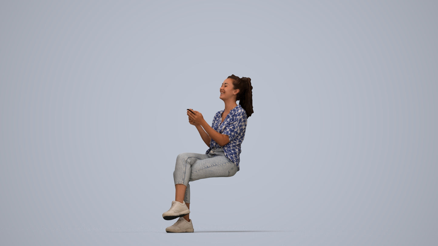 photogrammetry 3D woman casual sitting, realistic human model archviz FBX, top-down view render