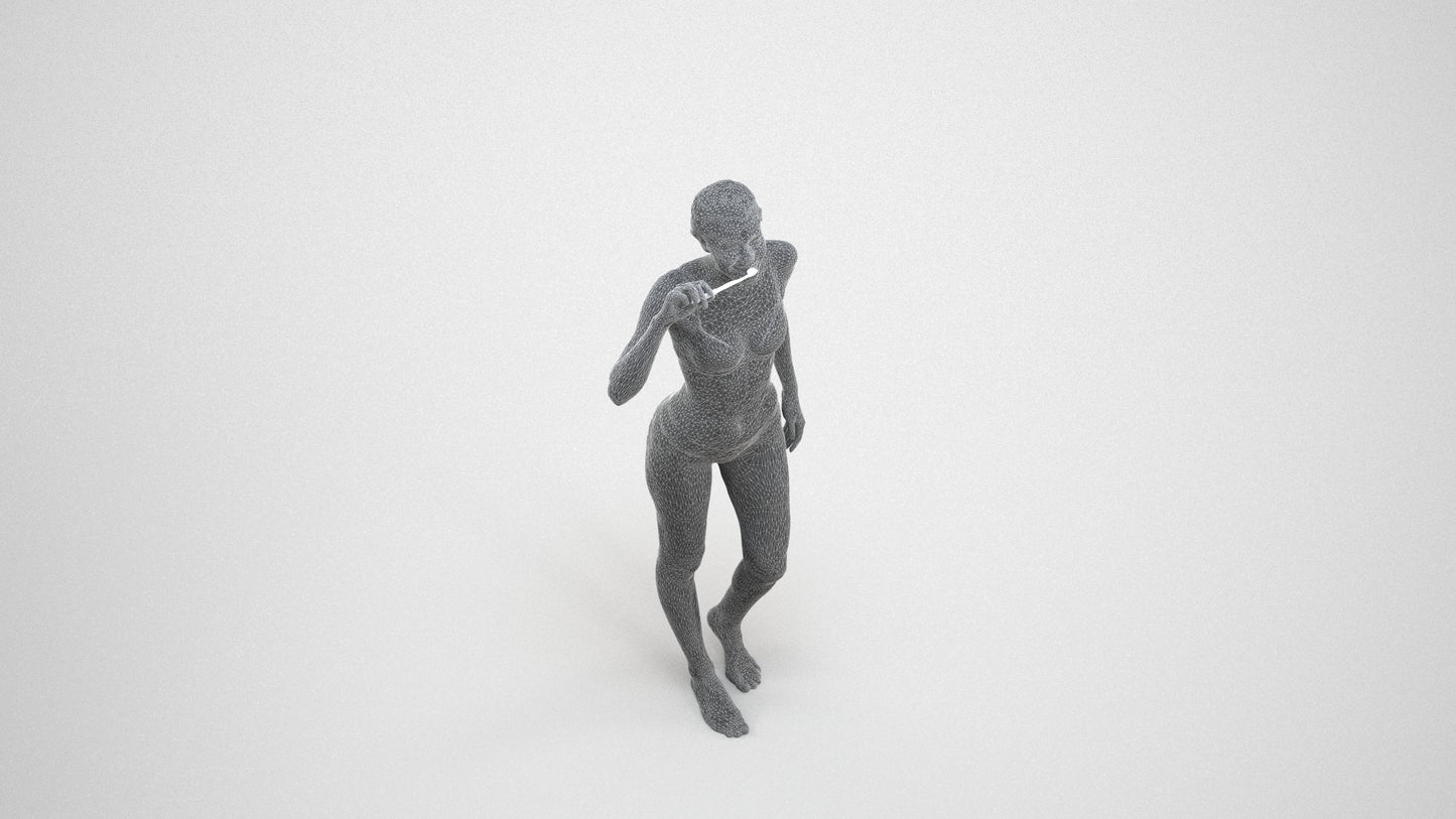 realistic 3D human woman bathroom, archviz people FBX OBJ for Blender, wireframe three-quarter view