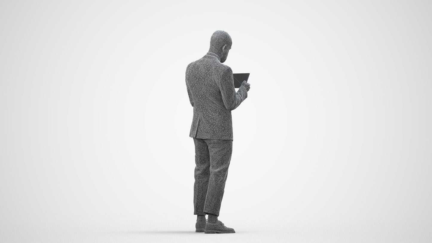 realistic 3D man business standing, scanned archviz people for Blender and 3ds Max, wireframe side view