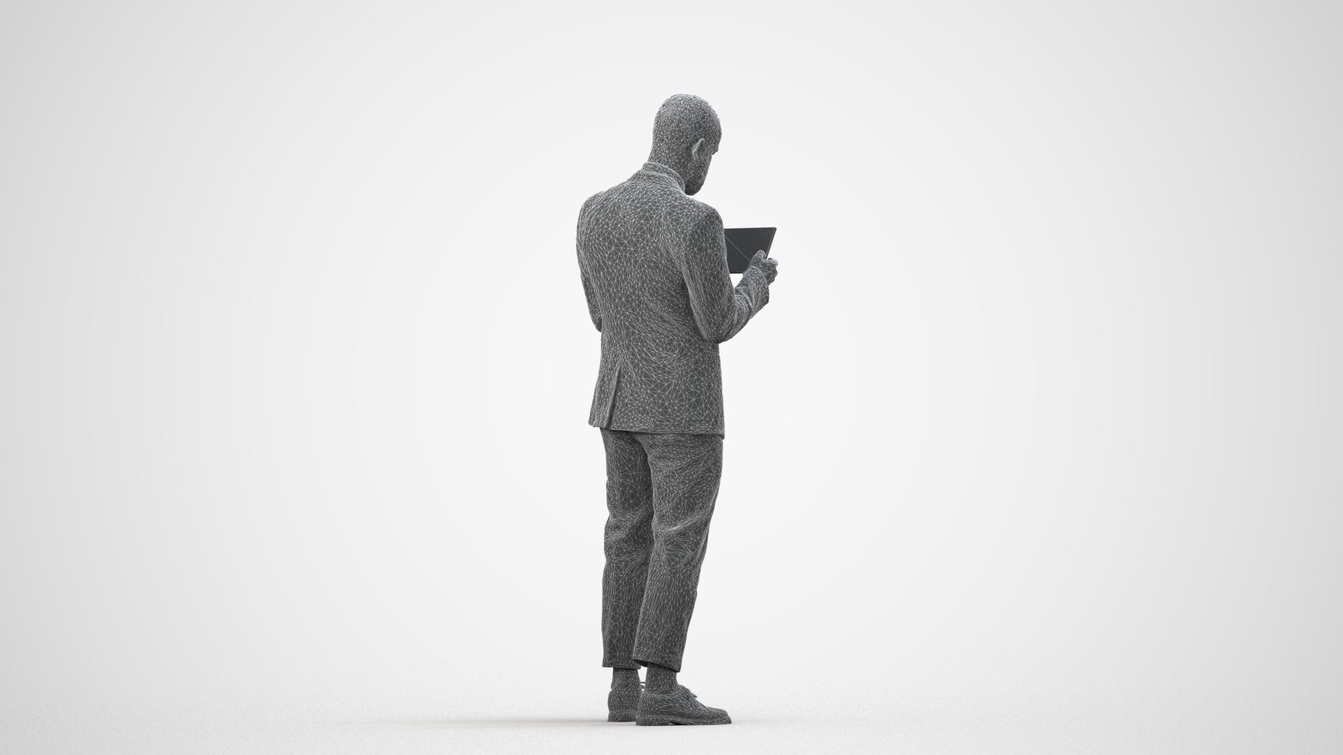 realistic 3D man business standing, scanned archviz people for Blender and 3ds Max, wireframe side view