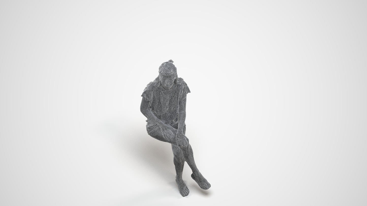 photogrammetry 3D woman casual sitting, realistic human model archviz FBX, wireframe three-quarter view