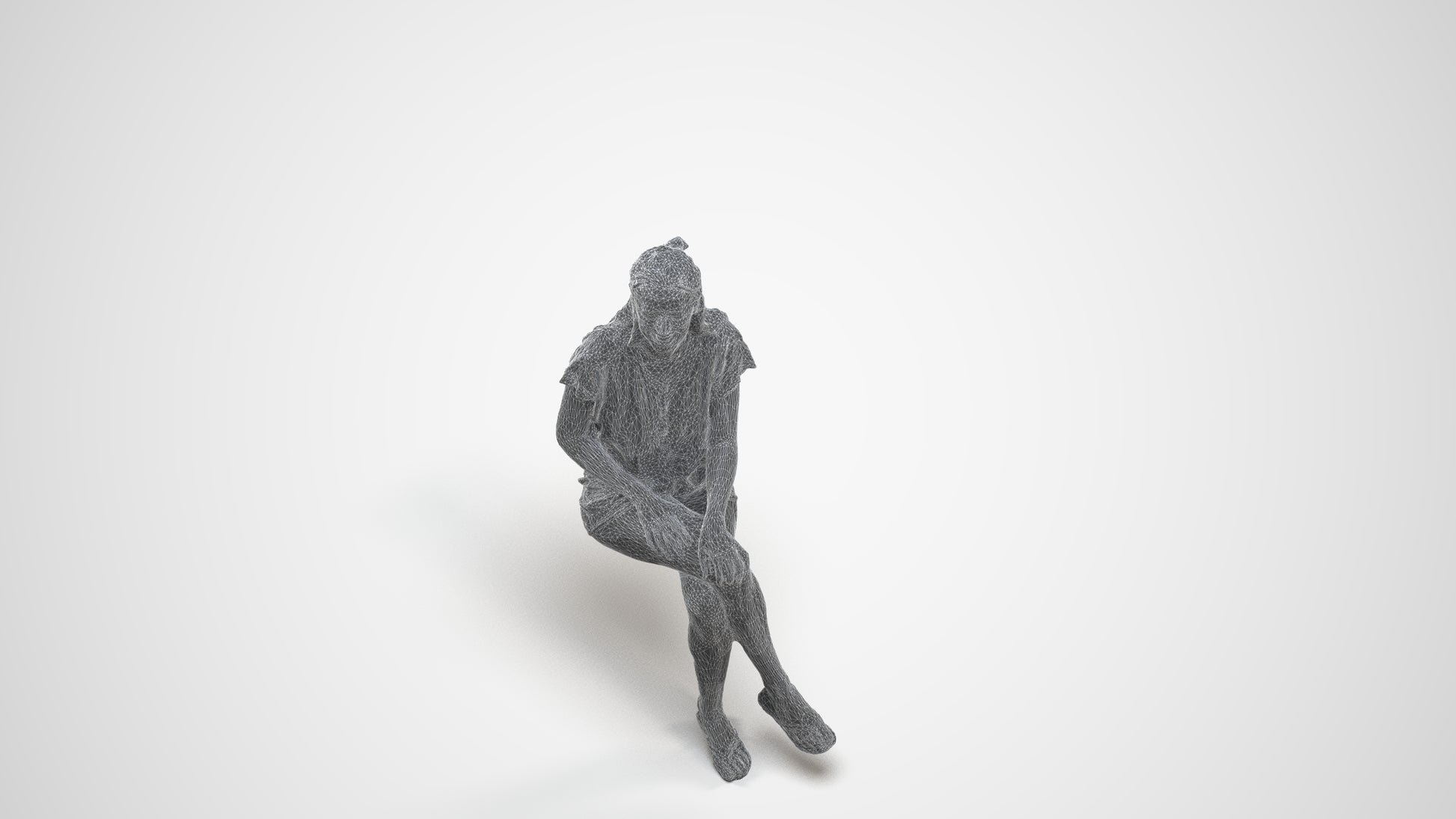 photogrammetry 3D woman casual sitting, realistic human model archviz FBX, wireframe three-quarter view