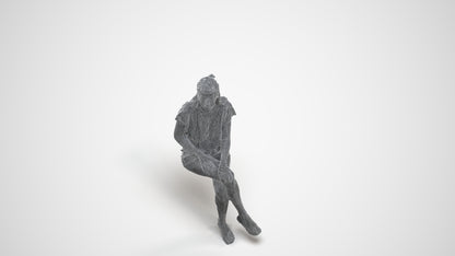 photogrammetry 3D woman casual sitting, realistic human model archviz FBX, wireframe three-quarter view