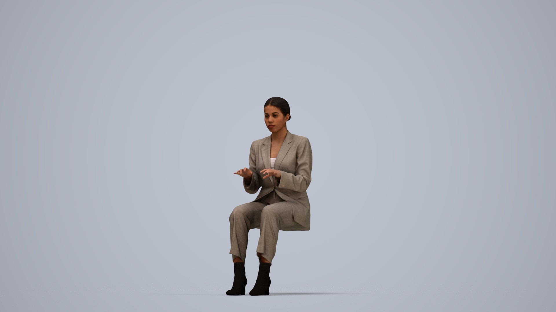 3D human model woman business, photogrammetry scanned person for archviz, top-down view render