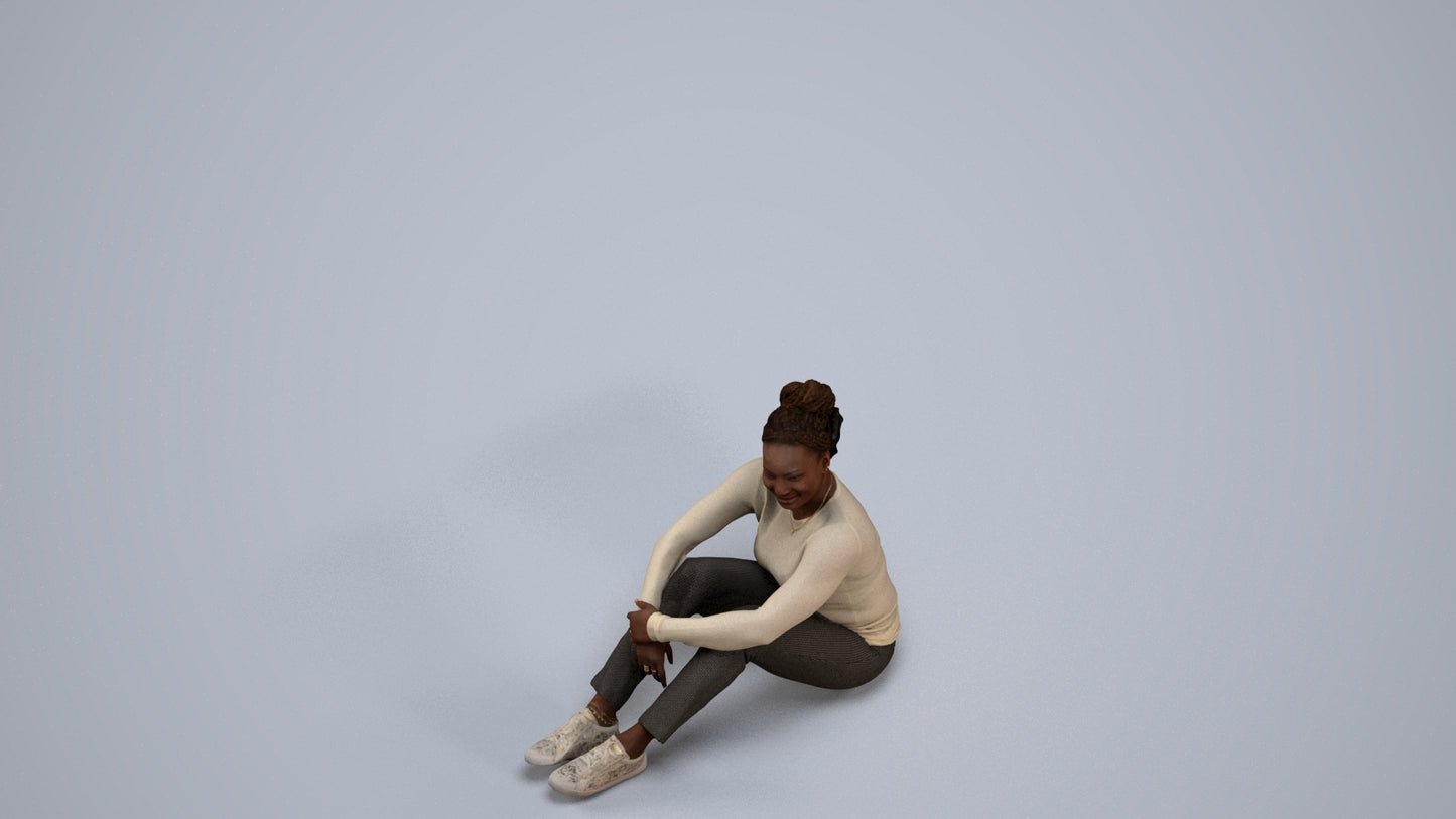 realistic 3D human woman casual sitting, archviz people FBX OBJ for Blender, back view render