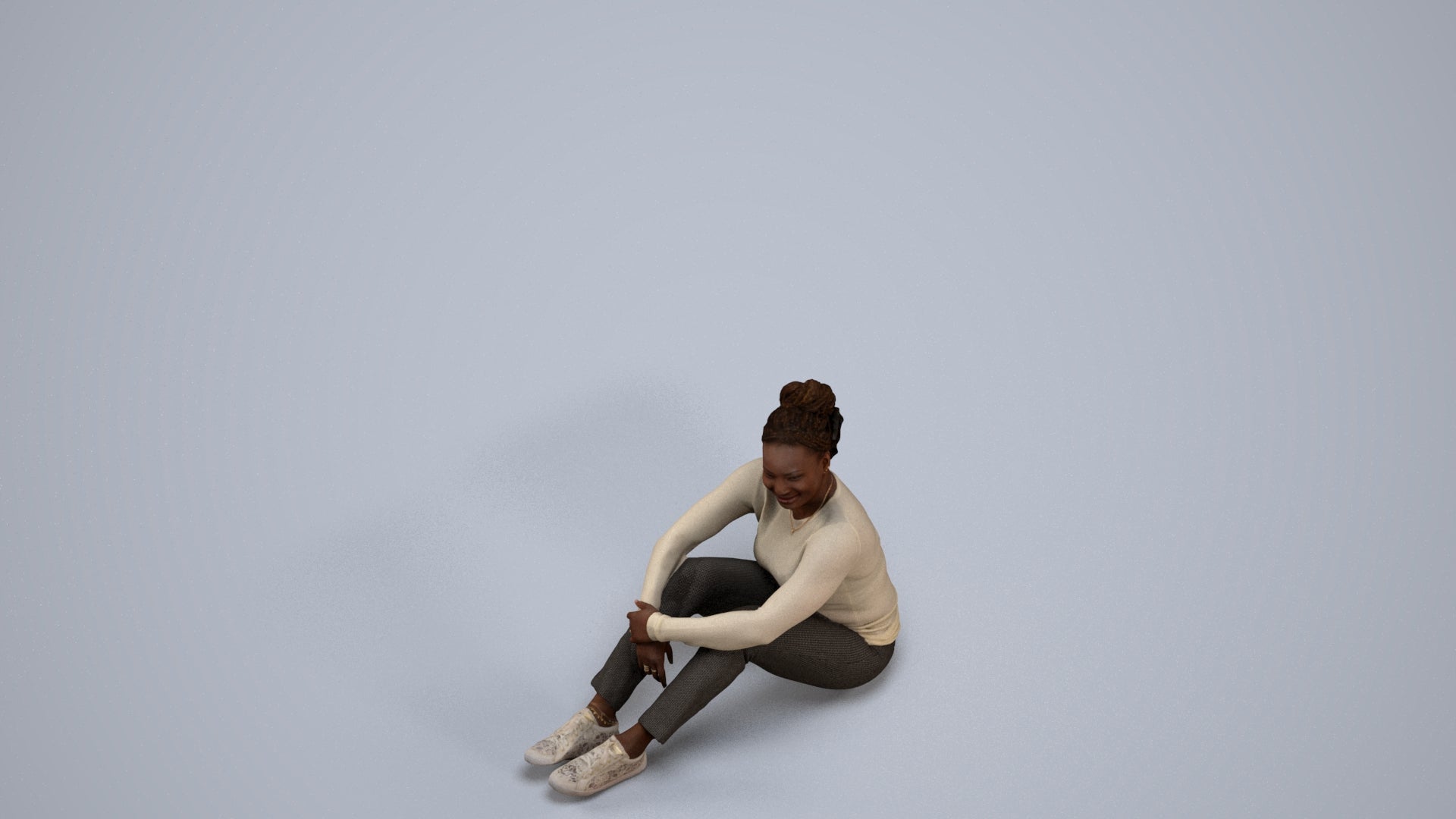 realistic 3D human woman casual sitting, archviz people FBX OBJ for Blender, back view render