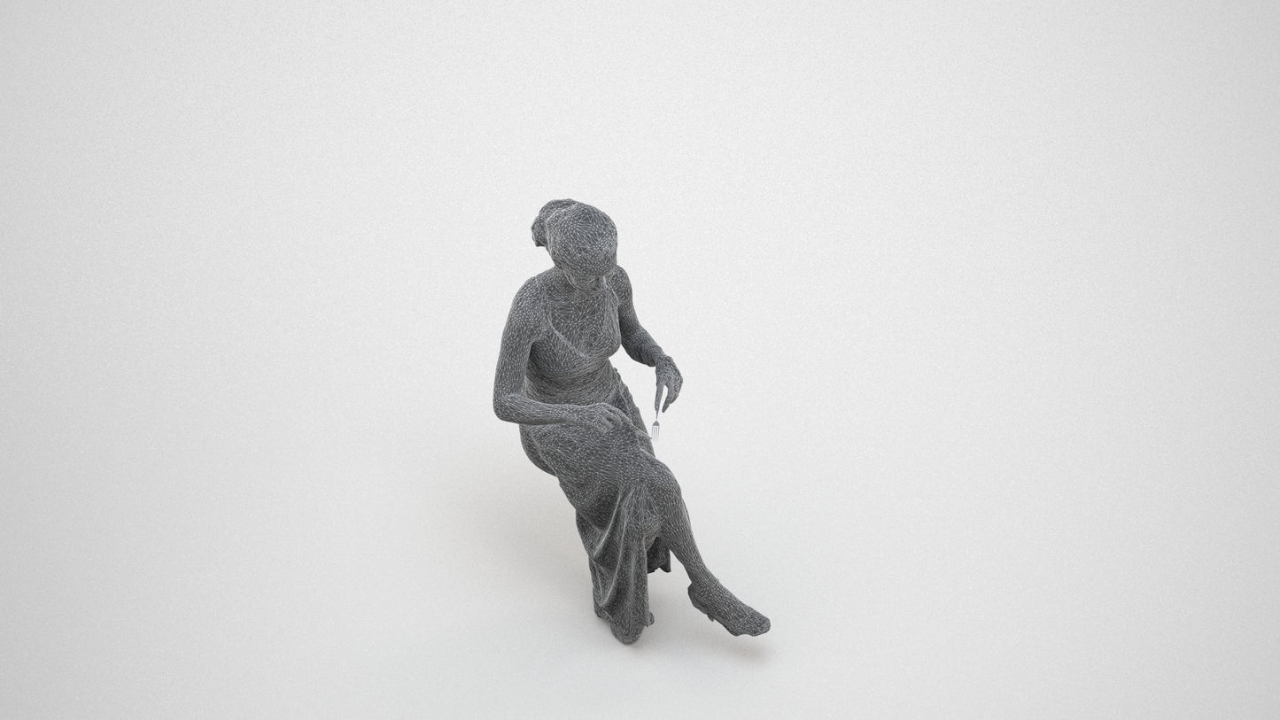 3D human model woman formal formalaffairs, photogrammetry scanned person for archviz, wireframe three-quarter view