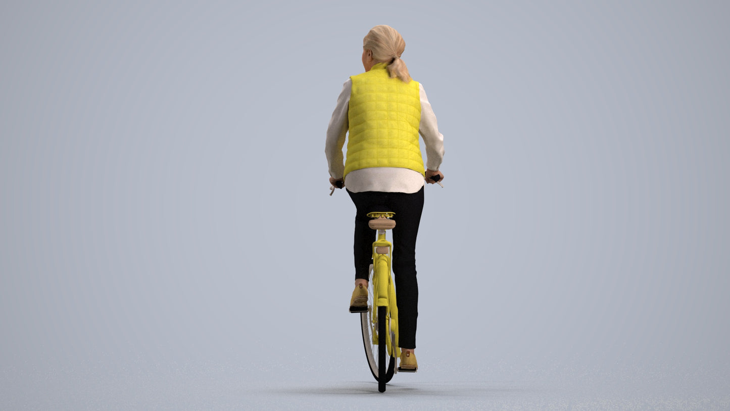 3D human model senior woman casual cycling, photogrammetry scanned person for archviz, front view render