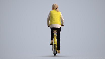 3D human model senior woman casual cycling, photogrammetry scanned person for archviz, front view render