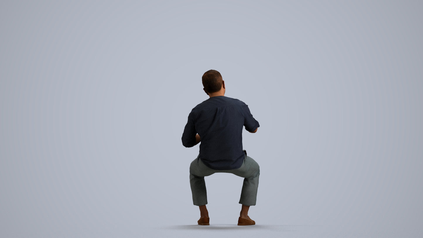 photogrammetry 3D man casual sitting, realistic human model archviz FBX, front view render