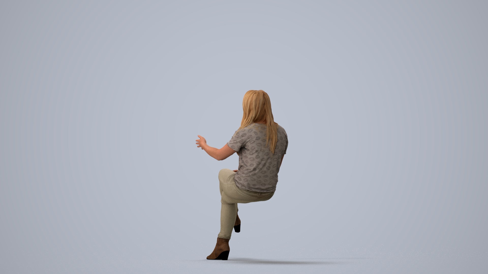 3D scanned woman sitting casual, photorealistic archviz people for Enscape and SketchUp, three-quarter view render