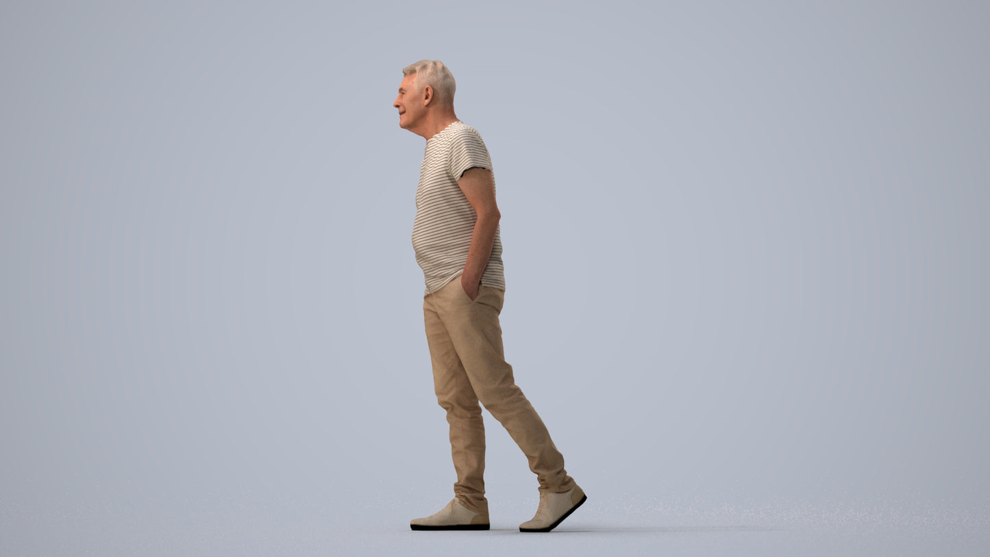 realistic 3D senior man casual walking, scanned archviz people for Blender and 3ds Max, three-quarter view render
