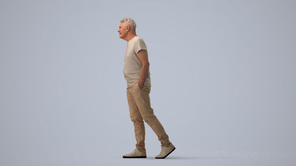realistic 3D senior man casual walking, scanned archviz people for Blender and 3ds Max, three-quarter view render