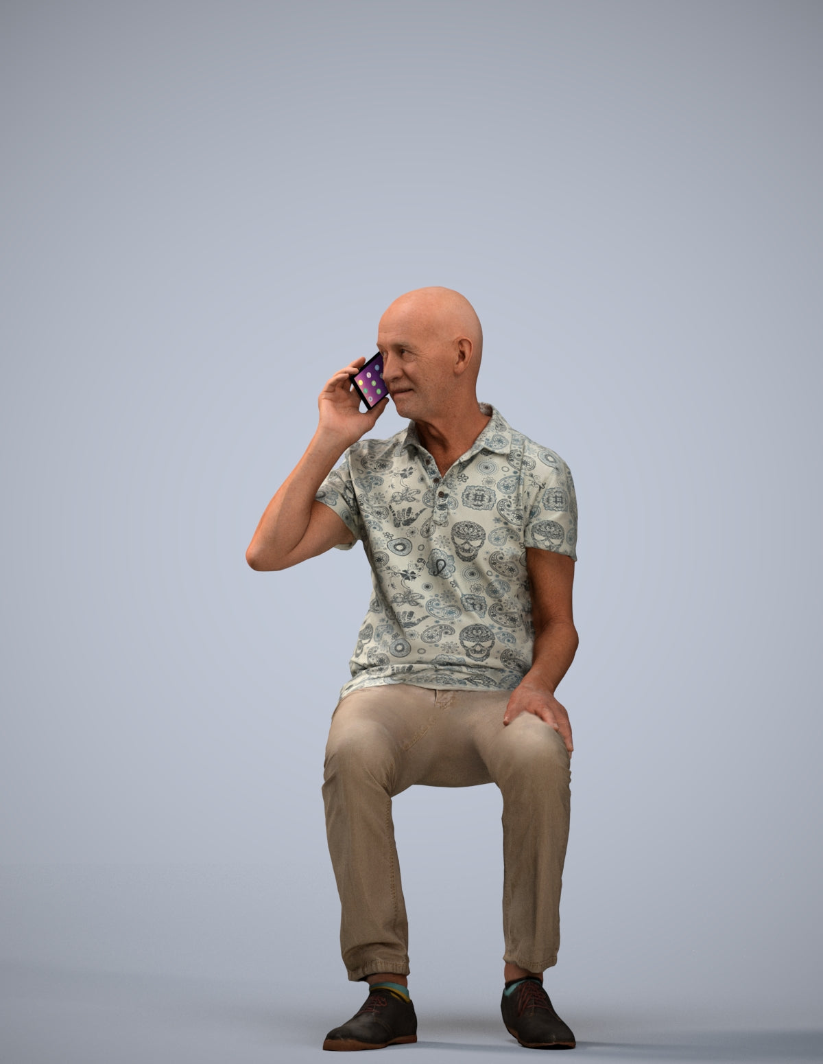 3D scanned senior man sitting casual, photorealistic archviz people for Enscape and SketchUp