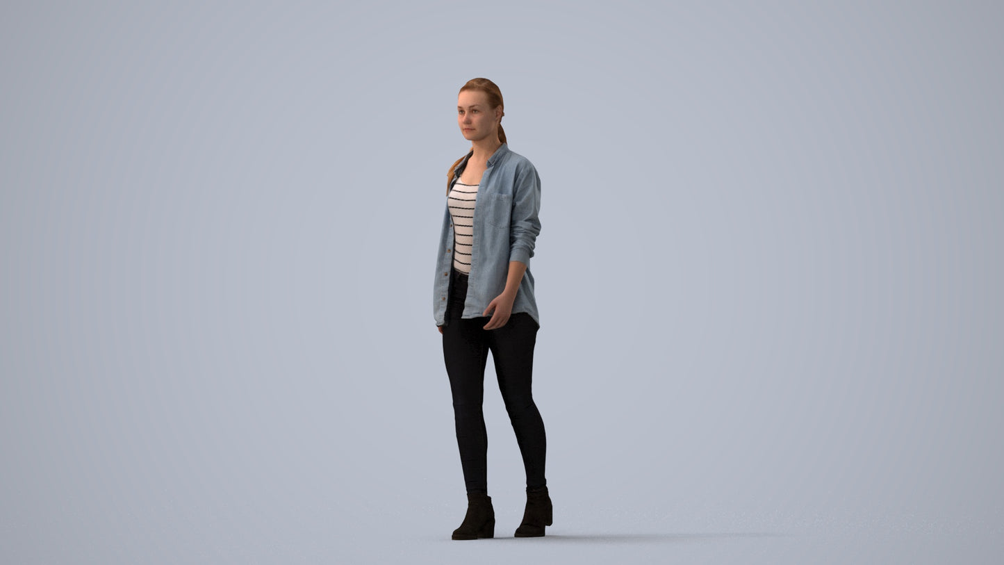 realistic 3D woman casual walking, scanned archviz people for Blender and 3ds Max, three-quarter view render