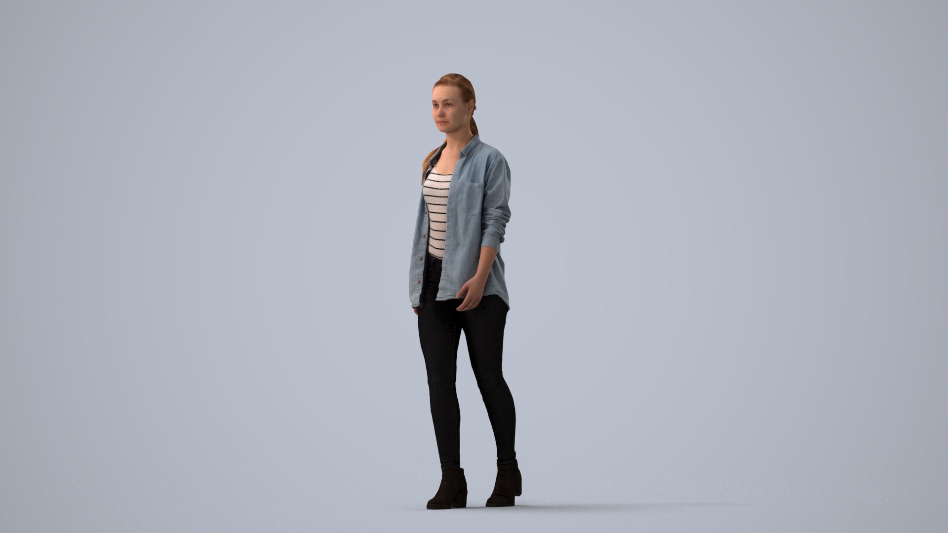 realistic 3D woman casual walking, scanned archviz people for Blender and 3ds Max, three-quarter view render