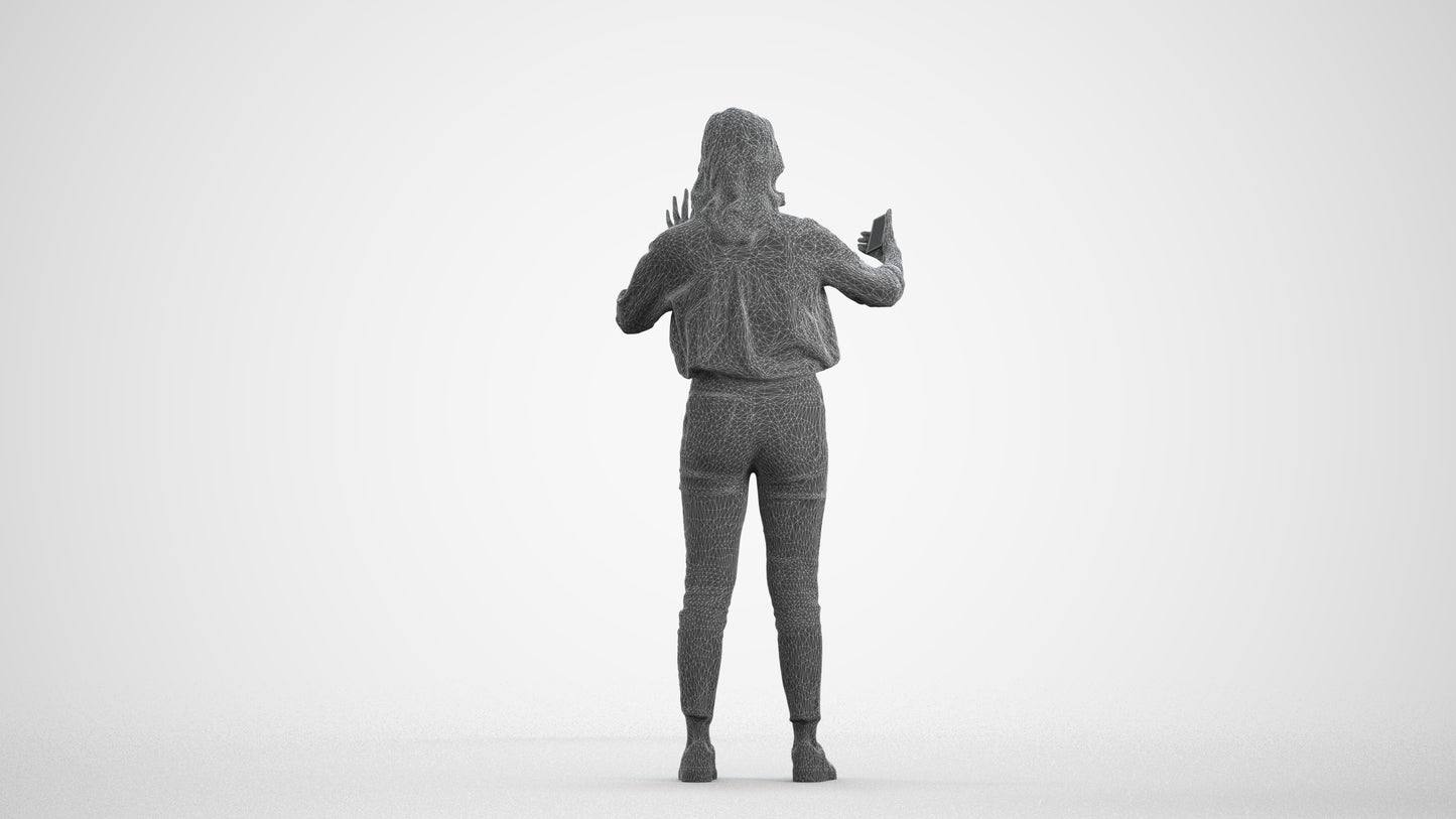 3D scanned woman standing casual, photorealistic archviz people for Enscape and SketchUp, wireframe front view