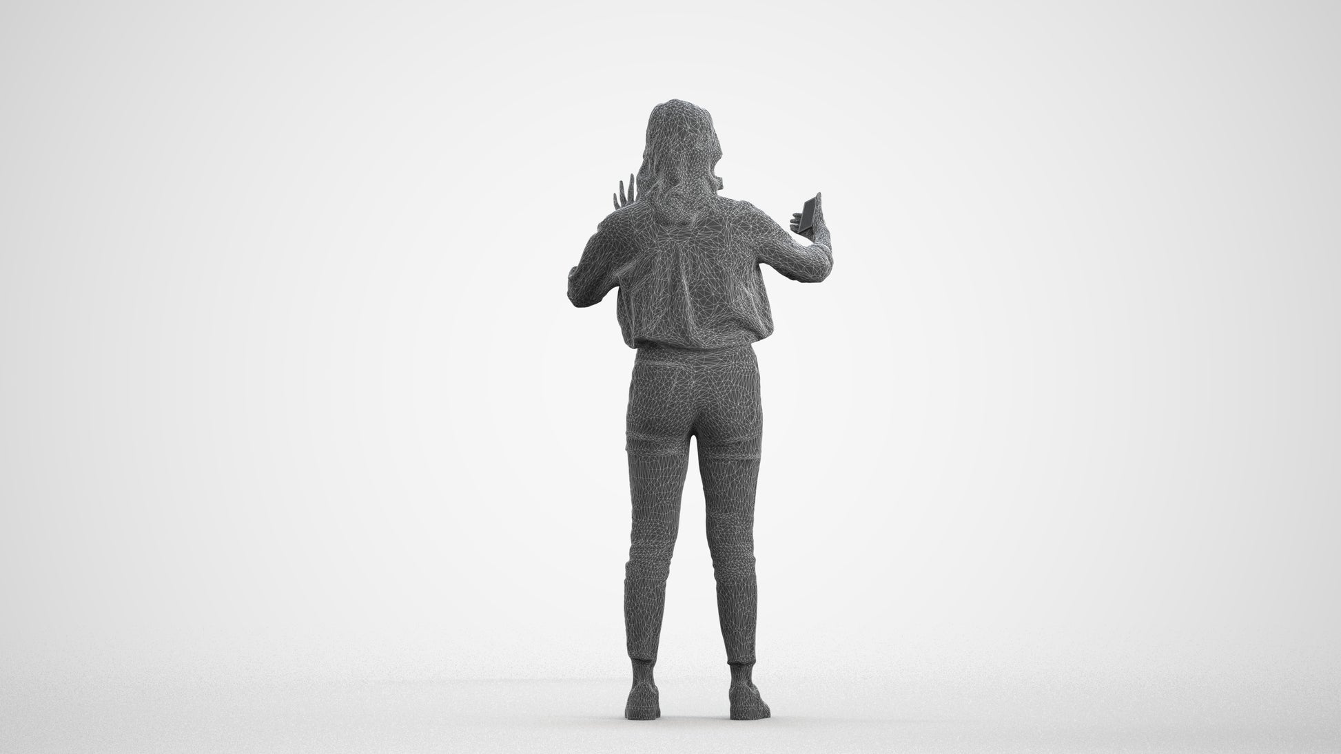 3D scanned woman standing casual, photorealistic archviz people for Enscape and SketchUp, wireframe front view