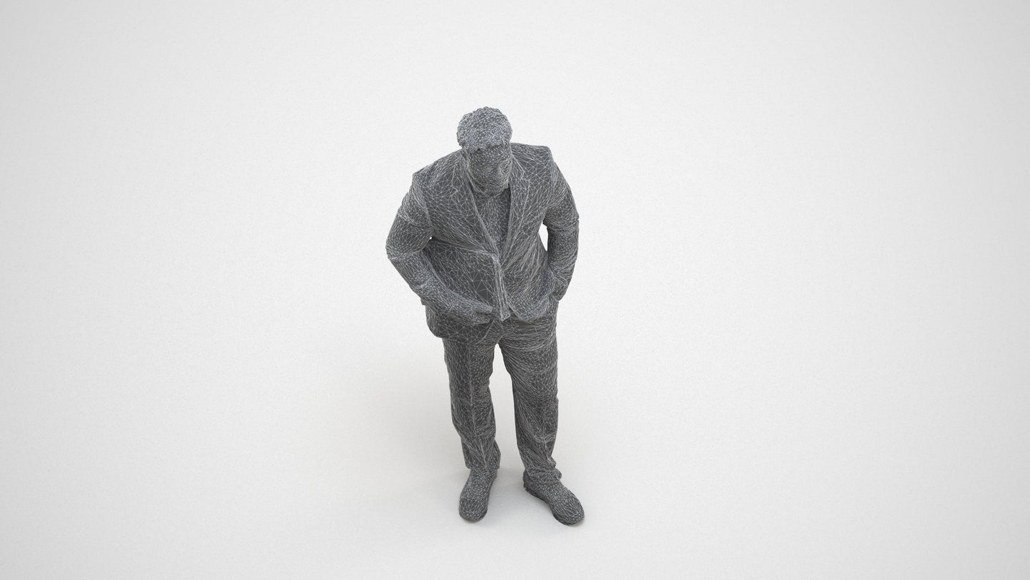 3D people model man business, scanned human for 3ds Max rendering, wireframe three-quarter view