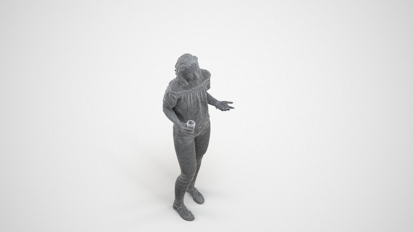 realistic 3D human woman casual standing, archviz people FBX OBJ for Blender, wireframe three-quarter view