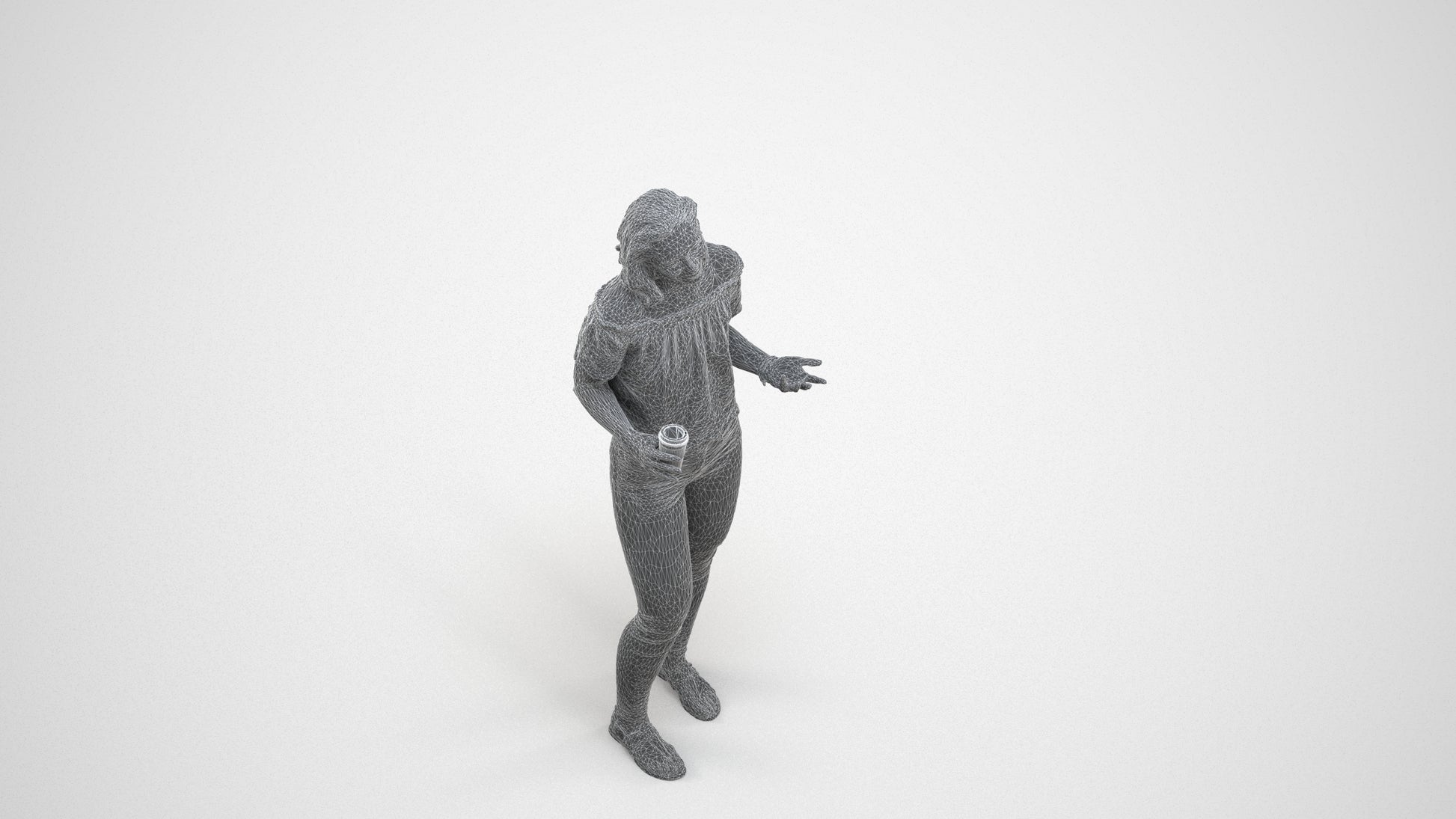 realistic 3D human woman casual standing, archviz people FBX OBJ for Blender, wireframe three-quarter view