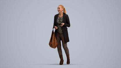 3D human model woman business walking, photogrammetry scanned person for archviz, standing pose render