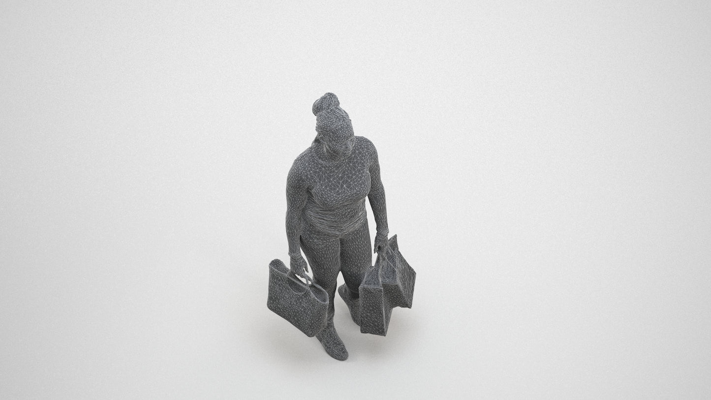 photogrammetry 3D woman casual shopping, realistic human model archviz FBX, wireframe three-quarter view