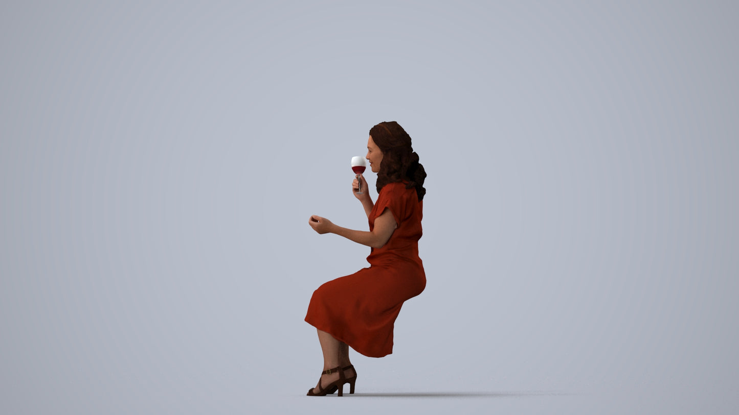 3D human model woman casual sitting, photogrammetry scanned person for archviz, three-quarter view render