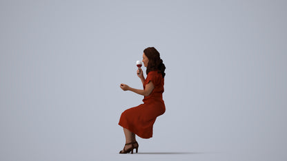 3D human model woman casual sitting, photogrammetry scanned person for archviz, three-quarter view render