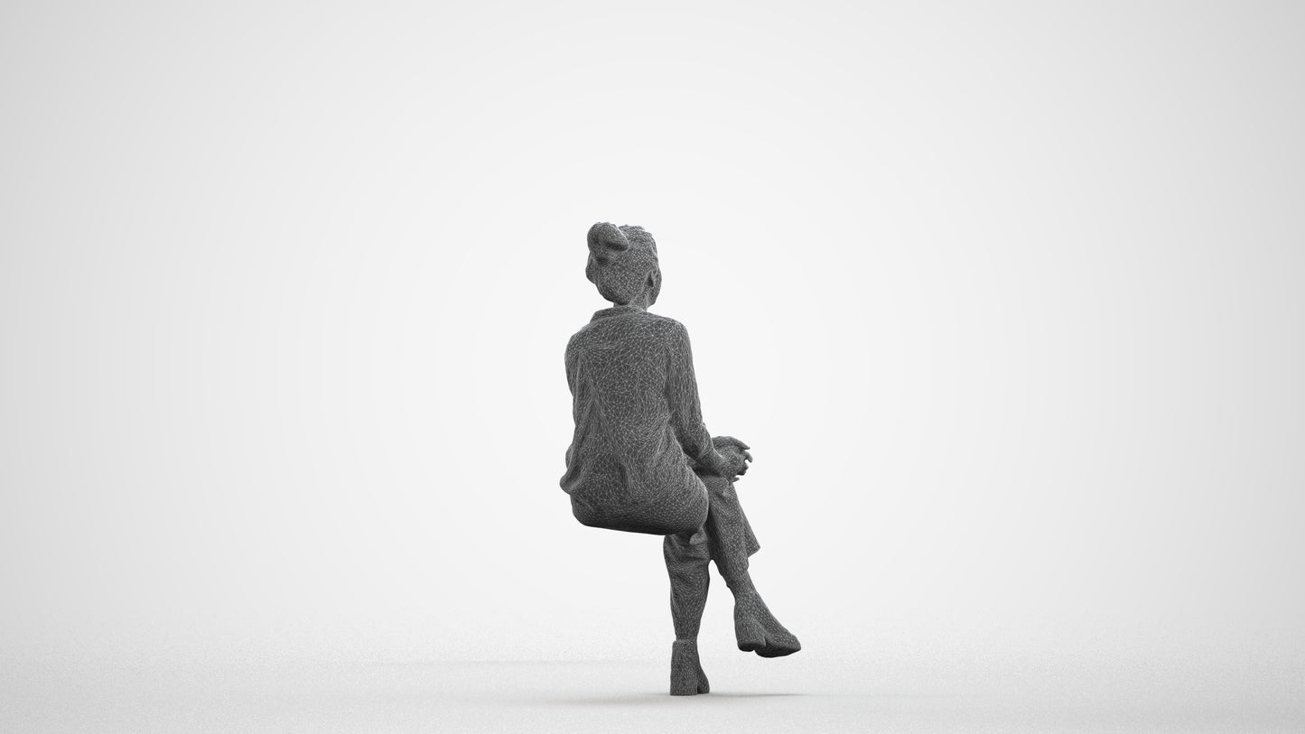 photogrammetry 3D woman casual sitting, realistic human model archviz FBX, wireframe front view