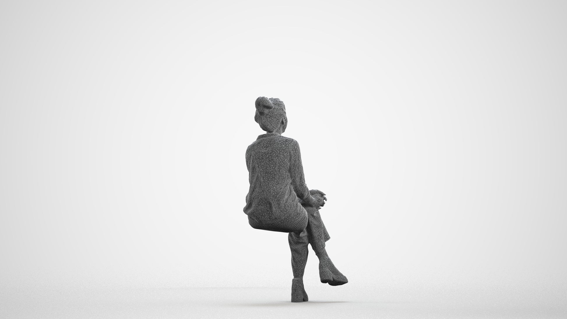 photogrammetry 3D woman casual sitting, realistic human model archviz FBX, wireframe front view