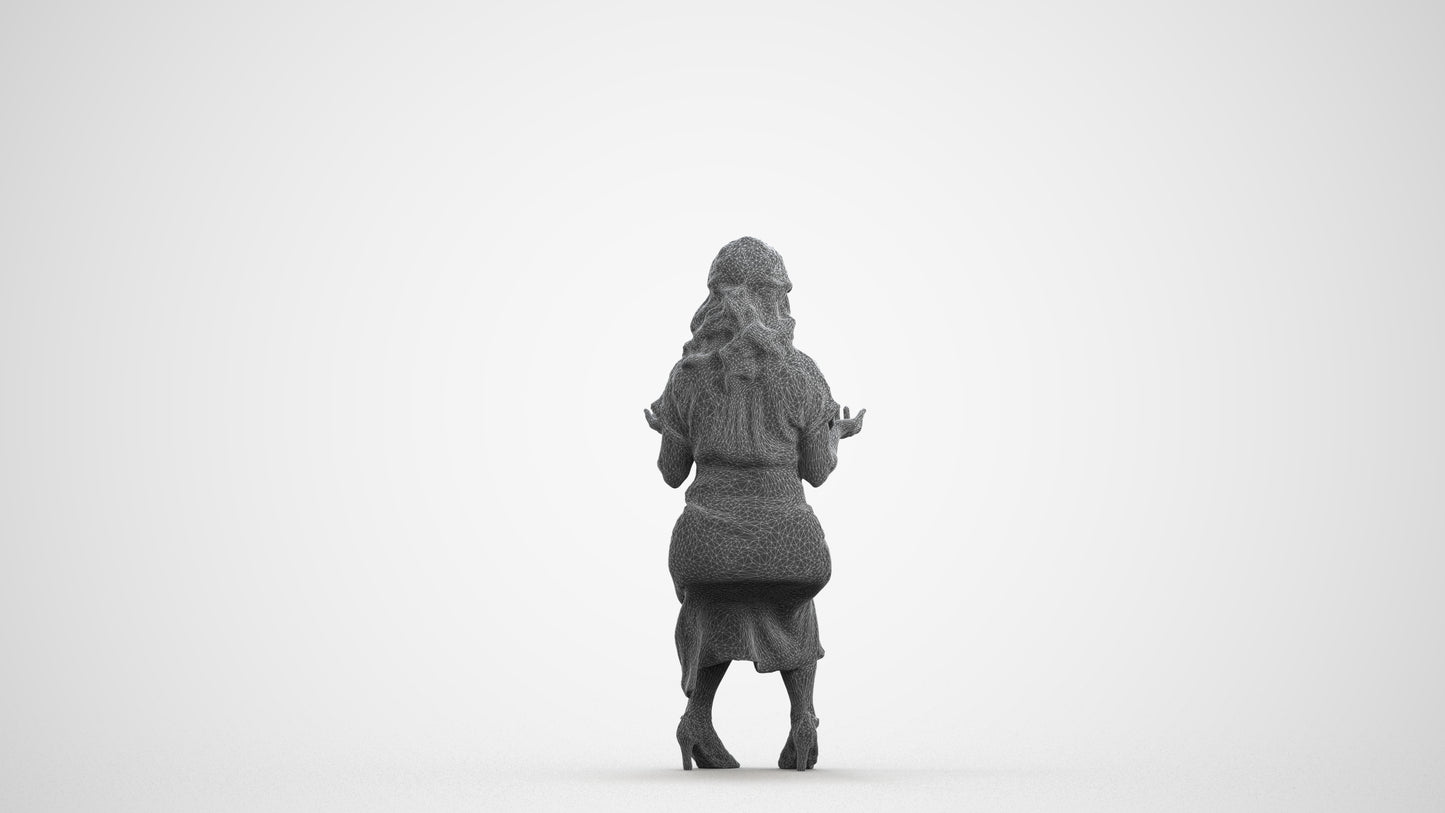 3D human model woman casual sitting, photogrammetry scanned person for archviz, wireframe front view