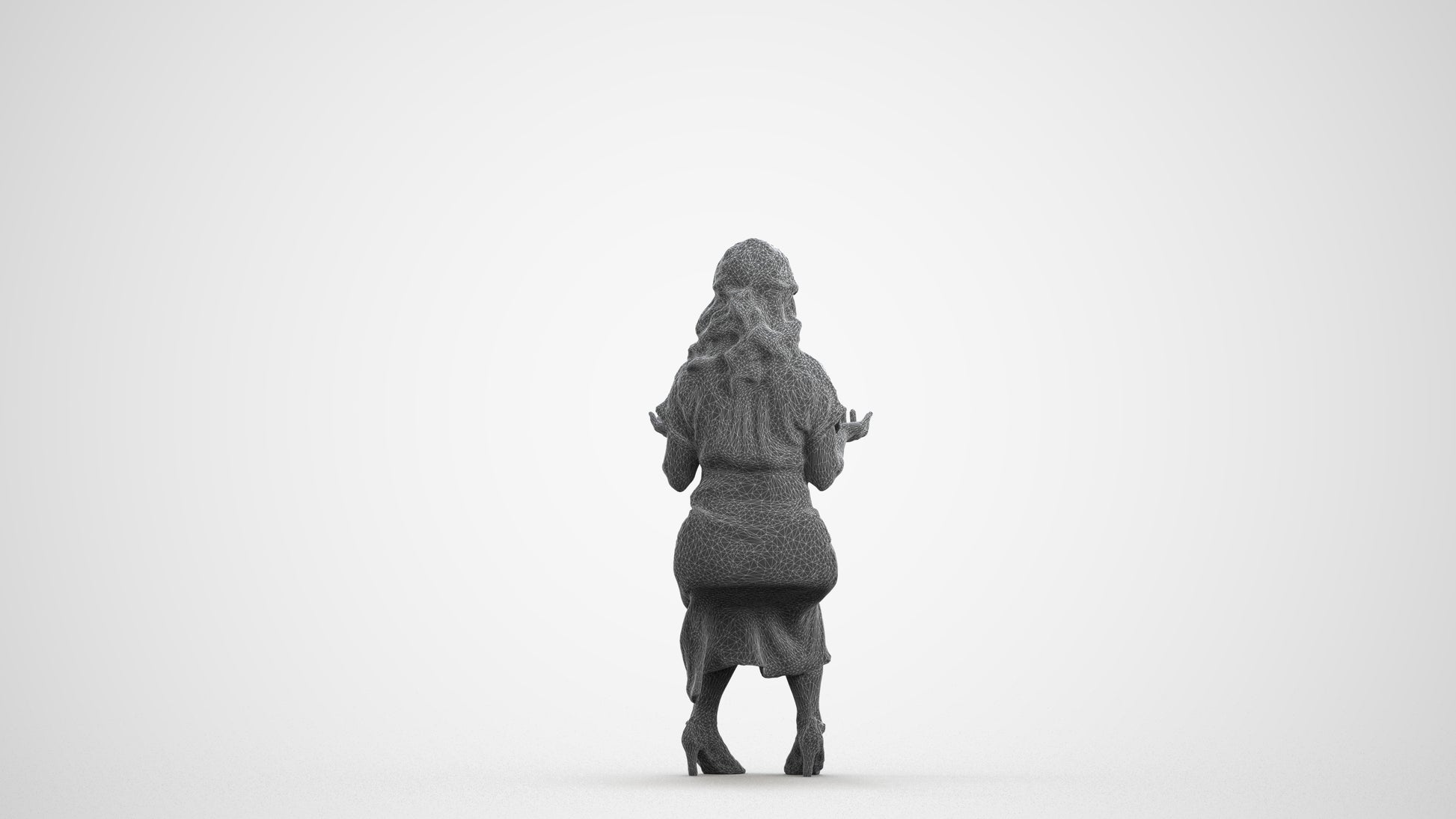 3D human model woman casual sitting, photogrammetry scanned person for archviz, wireframe front view