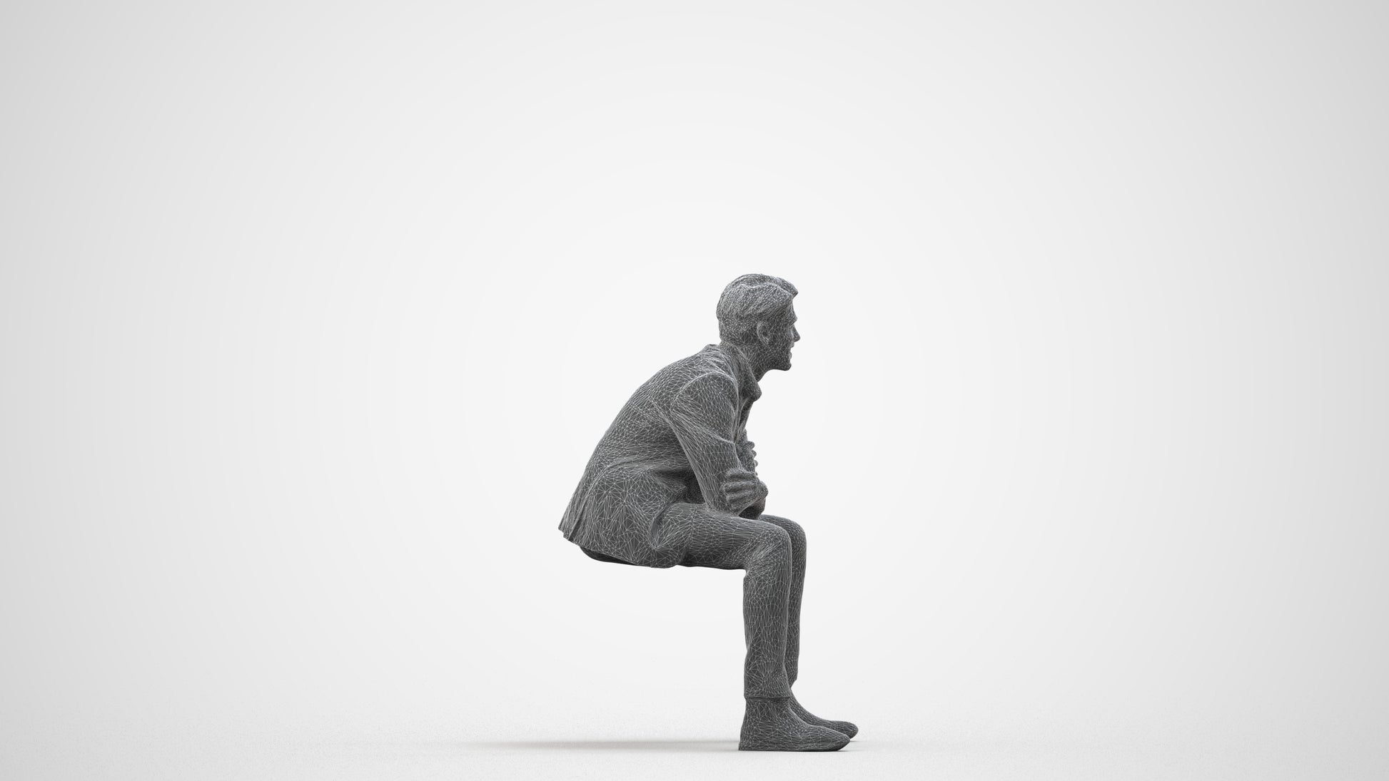 3D human model man business, photogrammetry scanned person for archviz, wireframe side view