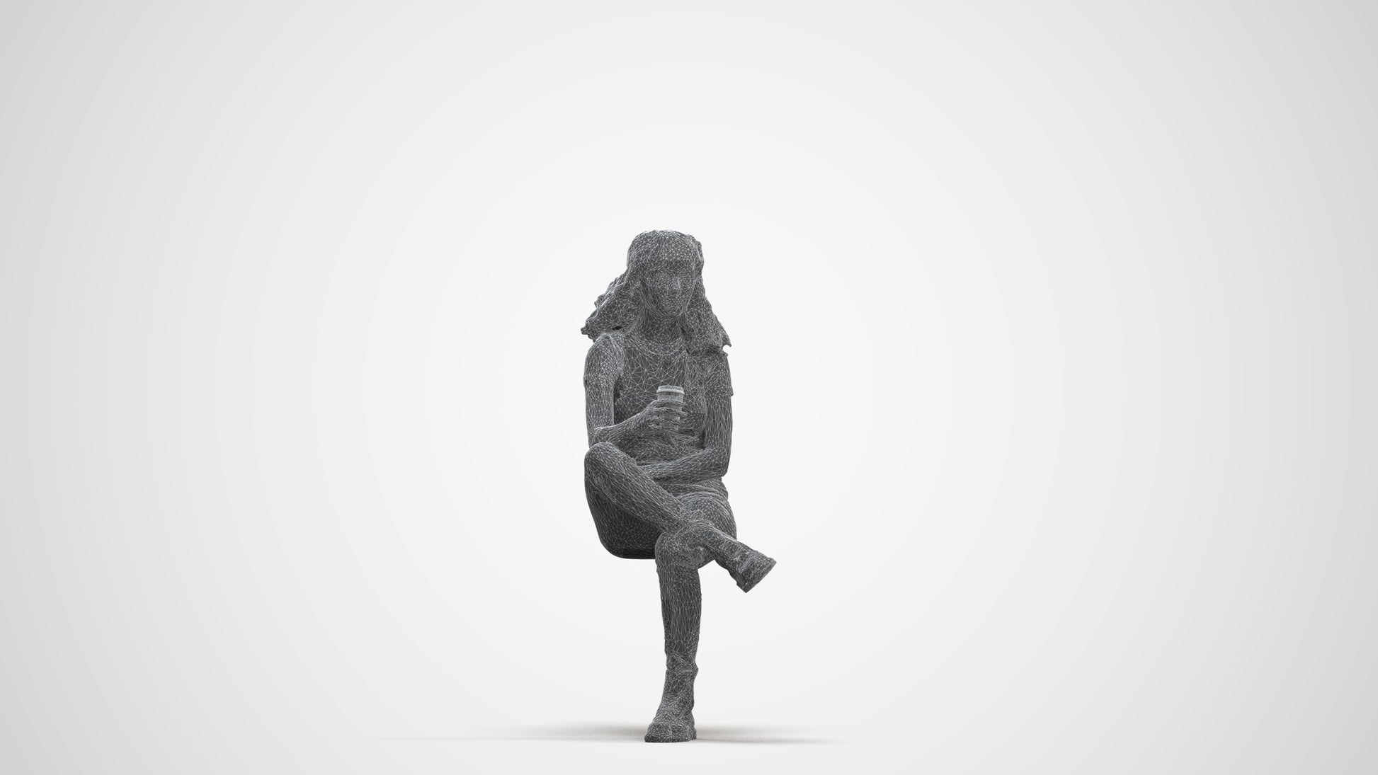 realistic 3D human woman casual sitting, archviz people FBX OBJ for Blender, three-quarter front view render