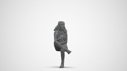 realistic 3D human woman casual sitting, archviz people FBX OBJ for Blender, three-quarter front view render
